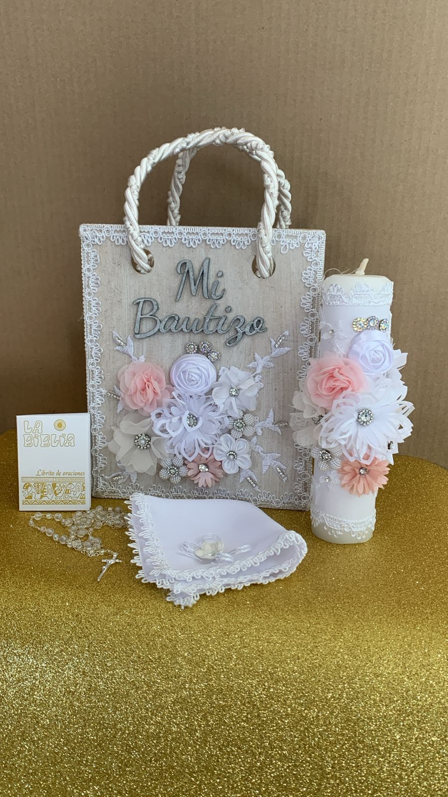 Set de Vela de Bautizo en bolsa de madera